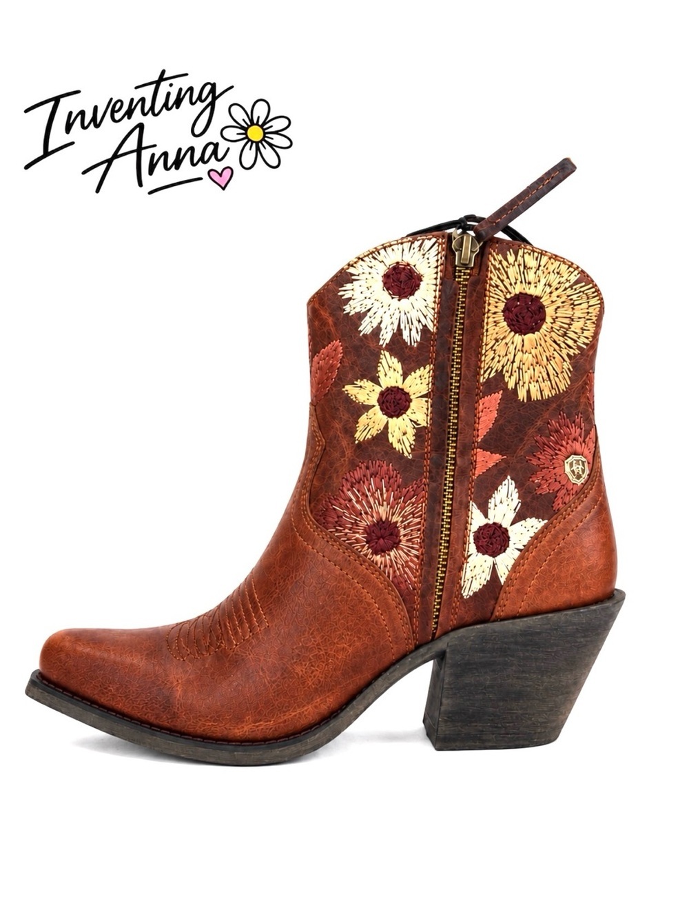 Brown 2.75-Inch Heeled Fringed Ankle Booties with Floral Embroidery Details